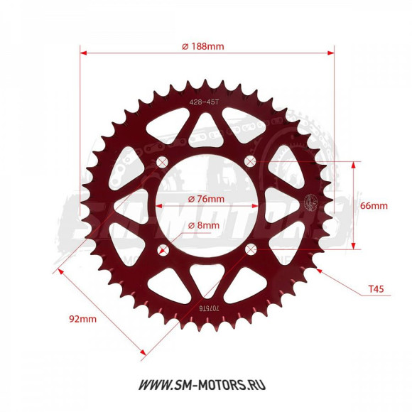 Звезда ведомая аллюминиевая питбайк 428-45T красная SM-PARTS купить Звезда ведомая аллюминиевая питбайк 428-45T красная SM-PARTS купить