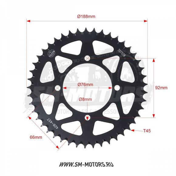 Звезда ведомая аллюминиевая питбайк 428-45T черная SM-PARTS купить