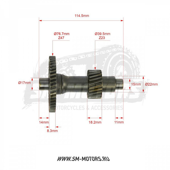 Вал редуктора промежуточный двиг. 1P57QMJ-2D (150см3,вариатор, задн. ход) купить Вал редуктора промежуточный двиг. 1P57QMJ-2D (150см3,вариатор, задн. ход) купить