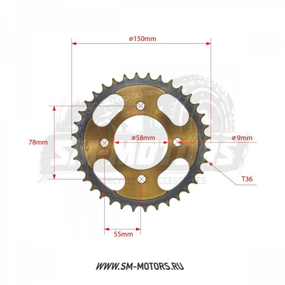 Звезда ведомая стальная 428-36T d-58mm, 4 болта крепл. L-78mm SM-PARTS купить