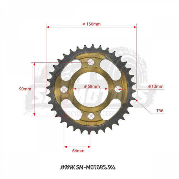 Звезда ведомая стальная 428-36T d-58mm, 4 болта крепл. L-90mm, с проточкой SM-PARTS купить Звезда ведомая стальная 428-36T d-58mm, 4 болта крепл. L-90mm, с проточкой SM-PARTS купить