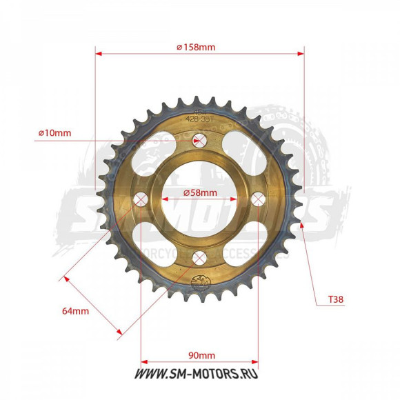 Звезда ведомая стальная 428-38T d-58mm, 4 болта крепл. L-90mm, с проточкой SM-PARTS купить Звезда ведомая стальная 428-38T d-58mm, 4 болта крепл. L-90mm, с проточкой SM-PARTS купить